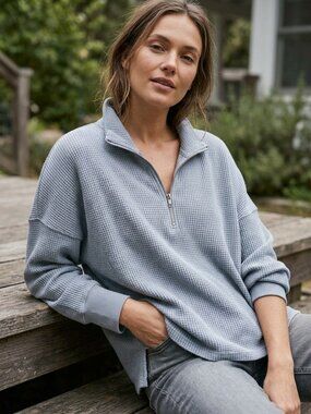 James Perse Womens Waffle Knit Half Zip Pullover Blue Grey Size 4 NWOT